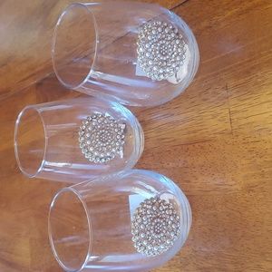 NWT Set of 3 Drinking glasses with Faux Gold Rhinestone Pearl Bling 5in